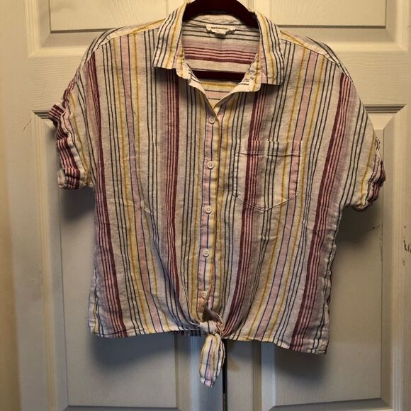 Beachlunchlounge Linen Button Down Tie Front Shirt - Picture 1 of 4